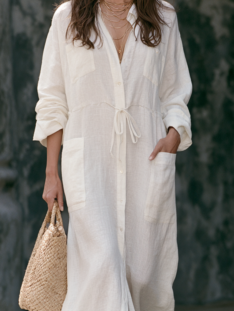 Women's Casual White Cotton-linen Long-sleeved Maxi Dress