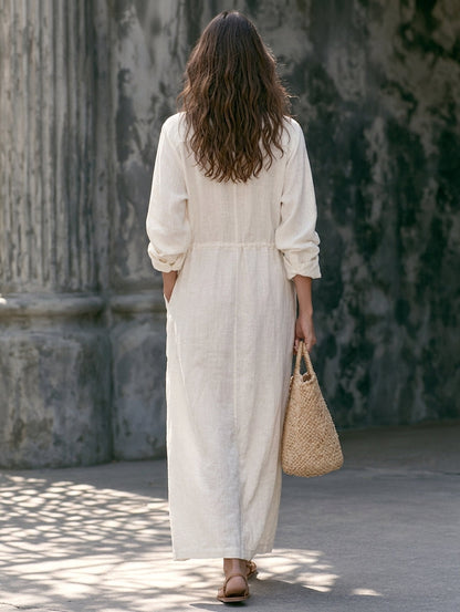 Women's Casual White Cotton-linen Long-sleeved Maxi Dress