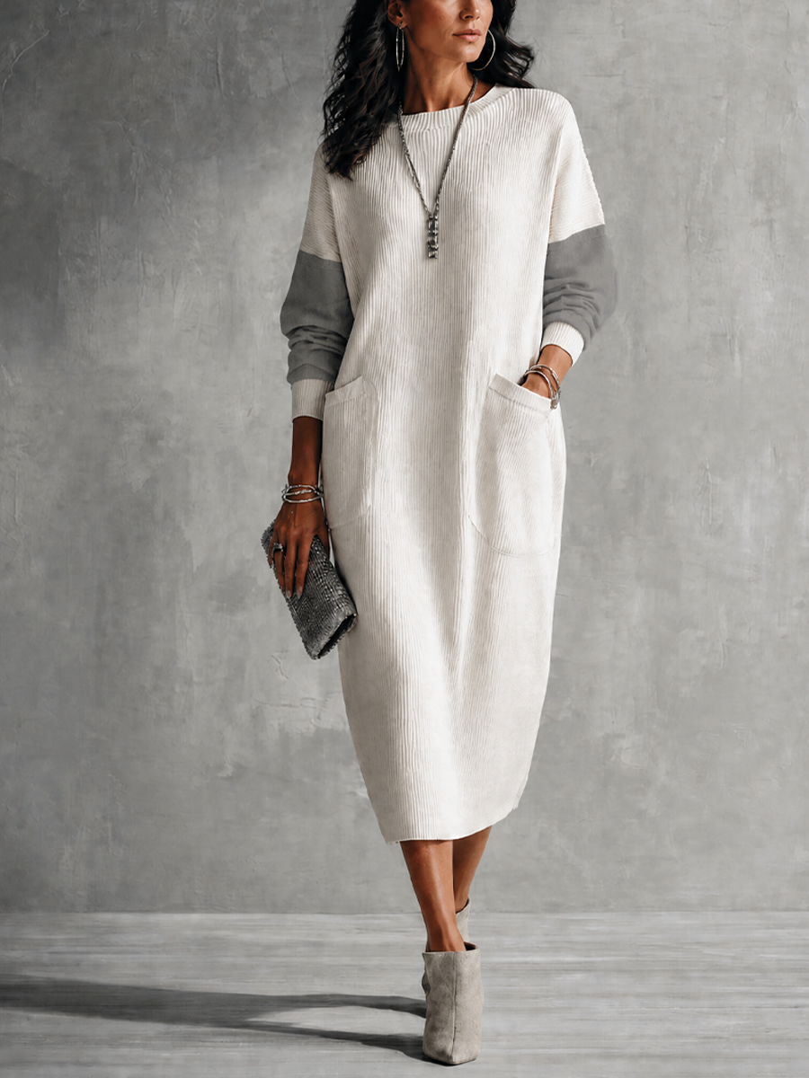 Women's Casual Ivory Gray Knit Cotton Blend Color-Block Pocket Midi Dress