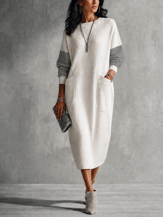 Women's Casual Ivory Gray Knit Cotton Blend Color-Block Pocket Midi Dress