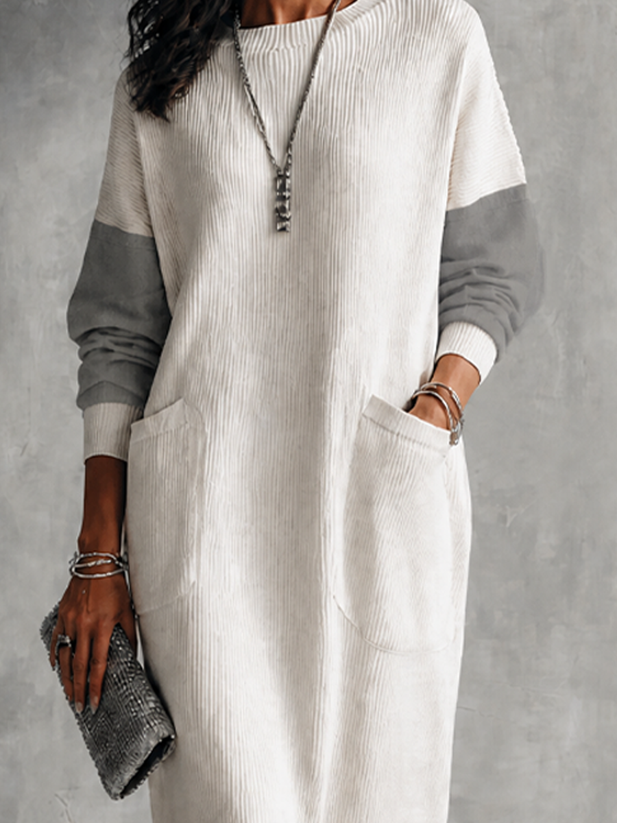 Women's Casual Ivory Gray Knit Cotton Blend Color-Block Pocket Midi Dress