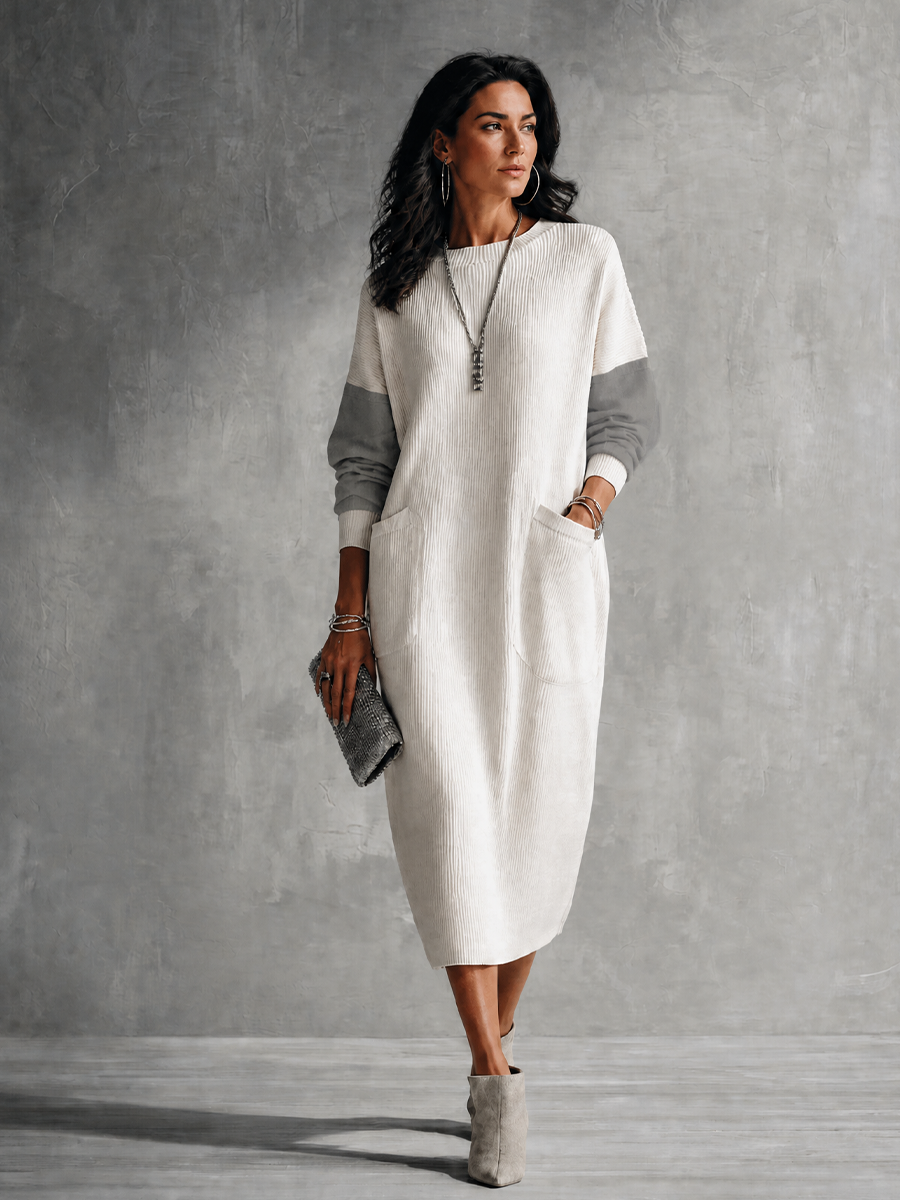 Women's Casual Ivory Gray Knit Cotton Blend Color-Block Pocket Midi Dress