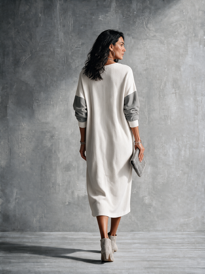 Women's Casual Ivory Gray Knit Cotton Blend Color-Block Pocket Midi Dress