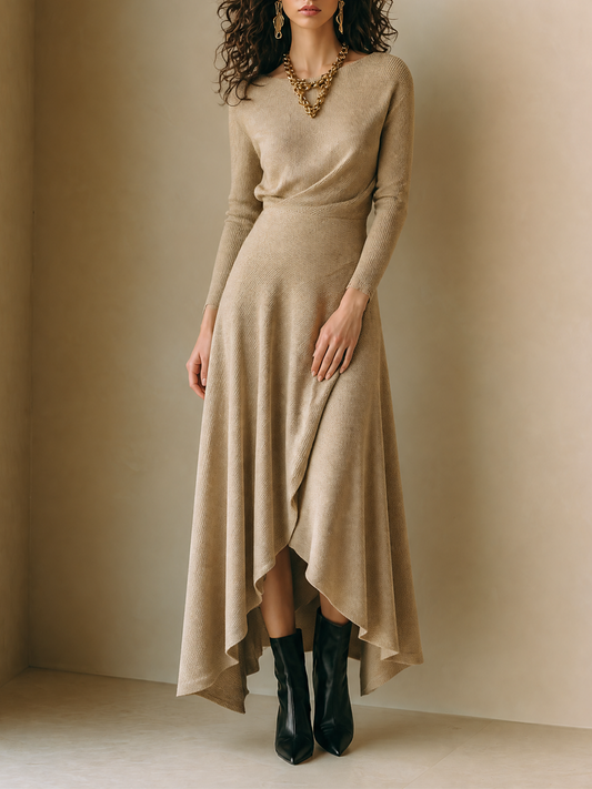Women's Elegant Wool-Knit Round-Neck Long-Sleeve Wrap Asymmetric Maxi Dress