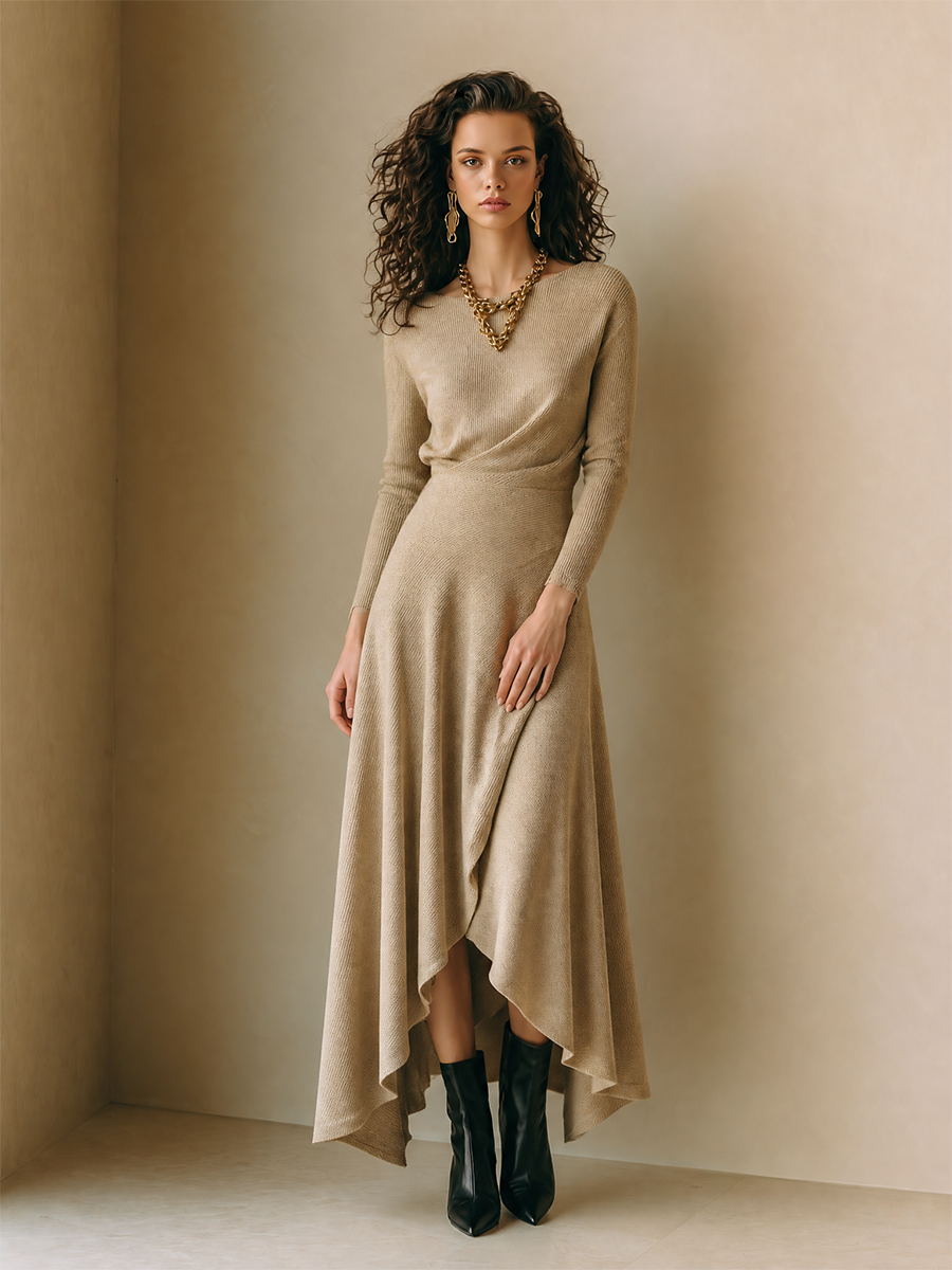 Women's Elegant Wool-Knit Round-Neck Long-Sleeve Wrap Asymmetric Maxi Dress