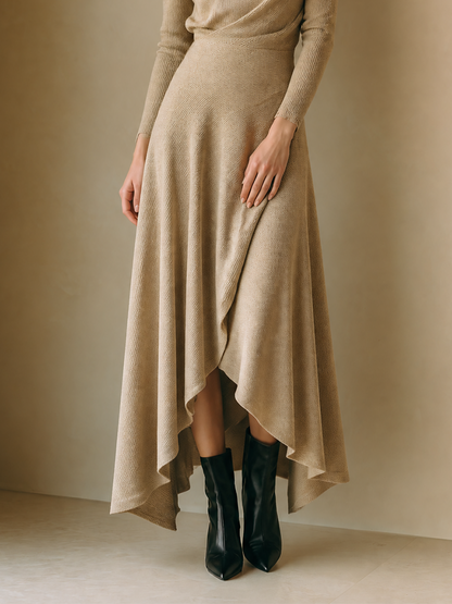Women's Elegant Wool-Knit Round-Neck Long-Sleeve Wrap Asymmetric Maxi Dress