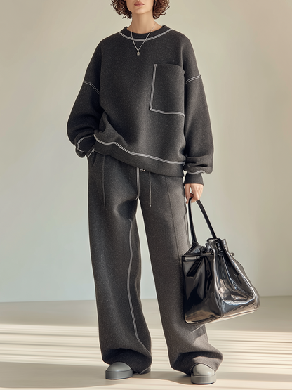 Women's Casual Topstitch Round-Neck Dropped-Shoulder Long-Sleeve Sweatshirt & Drawstring Wide-Leg Trouser Set