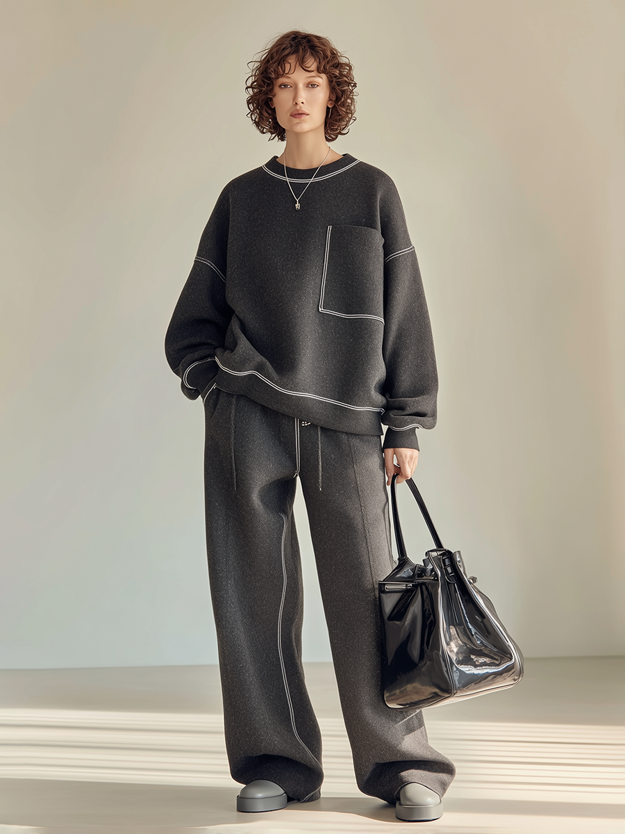 Women's Casual Topstitch Round-Neck Dropped-Shoulder Long-Sleeve Sweatshirt & Drawstring Wide-Leg Trouser Set