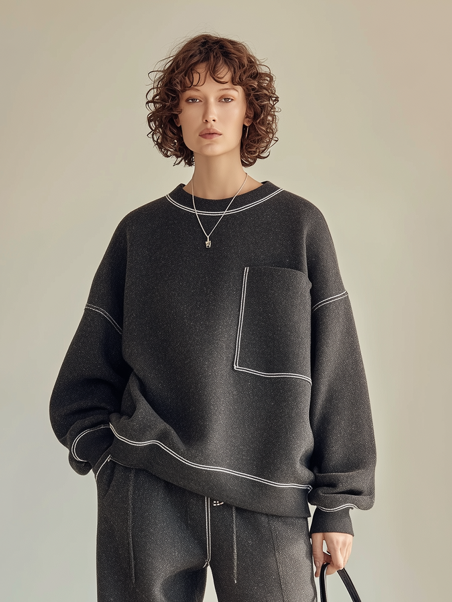 Women's Casual Topstitch Round-Neck Dropped-Shoulder Long-Sleeve Sweatshirt & Drawstring Wide-Leg Trouser Set