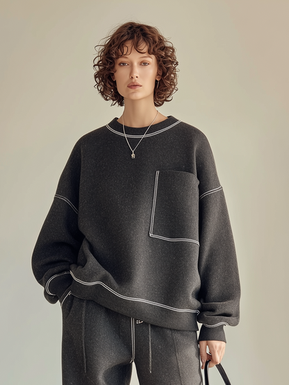Women's Casual Topstitch Round-Neck Dropped-Shoulder Long-Sleeve Sweatshirt & Drawstring Wide-Leg Trouser Set