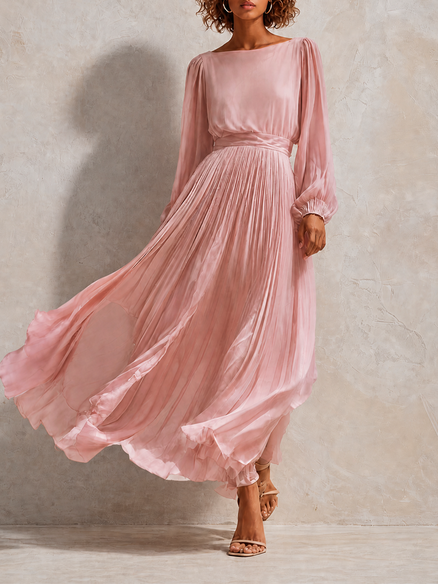 Women's Elegant Round-Neck Blouson-Sleeve Pleated Belted Long-Sleeve Midi Dress