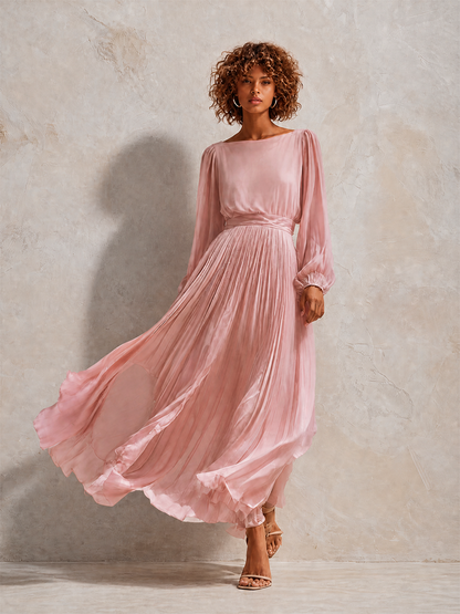 Women's Elegant Round-Neck Blouson-Sleeve Pleated Belted Long-Sleeve Midi Dress