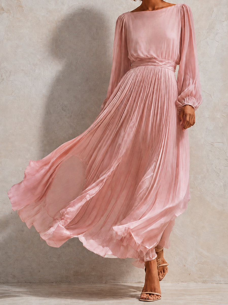Women's Elegant Round-Neck Blouson-Sleeve Pleated Belted Long-Sleeve Midi Dress