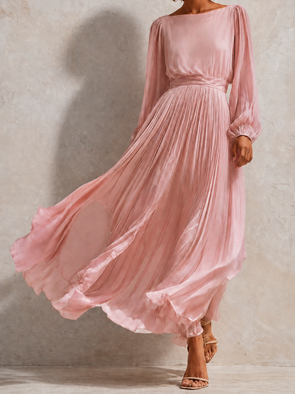 Women's Elegant Round-Neck Blouson-Sleeve Pleated Belted Long-Sleeve Midi Dress