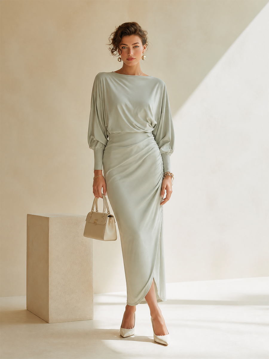 Women's Elegant Boat-Neck Batwing-Sleeve Long-Sleeve Top & Ruched Slit Bodycon Skirt Set