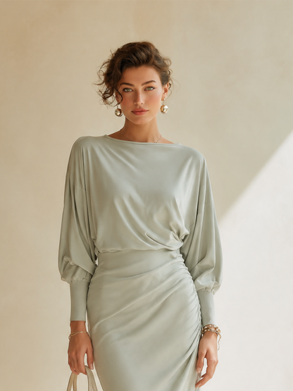Women's Elegant Boat-Neck Batwing-Sleeve Long-Sleeve Top & Ruched Slit Bodycon Skirt Set