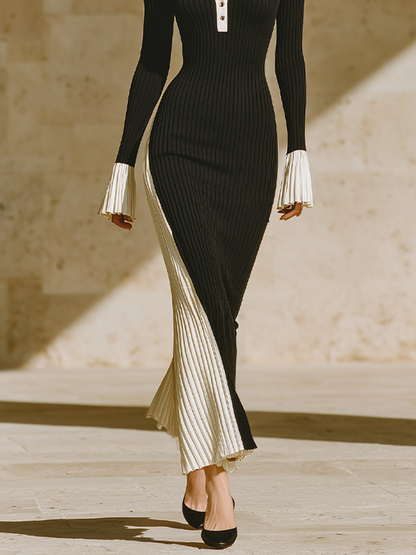 Women's Colorblock Bodycon Elegant Contrast Collar Flare Sleeve Knit Maxi Dress