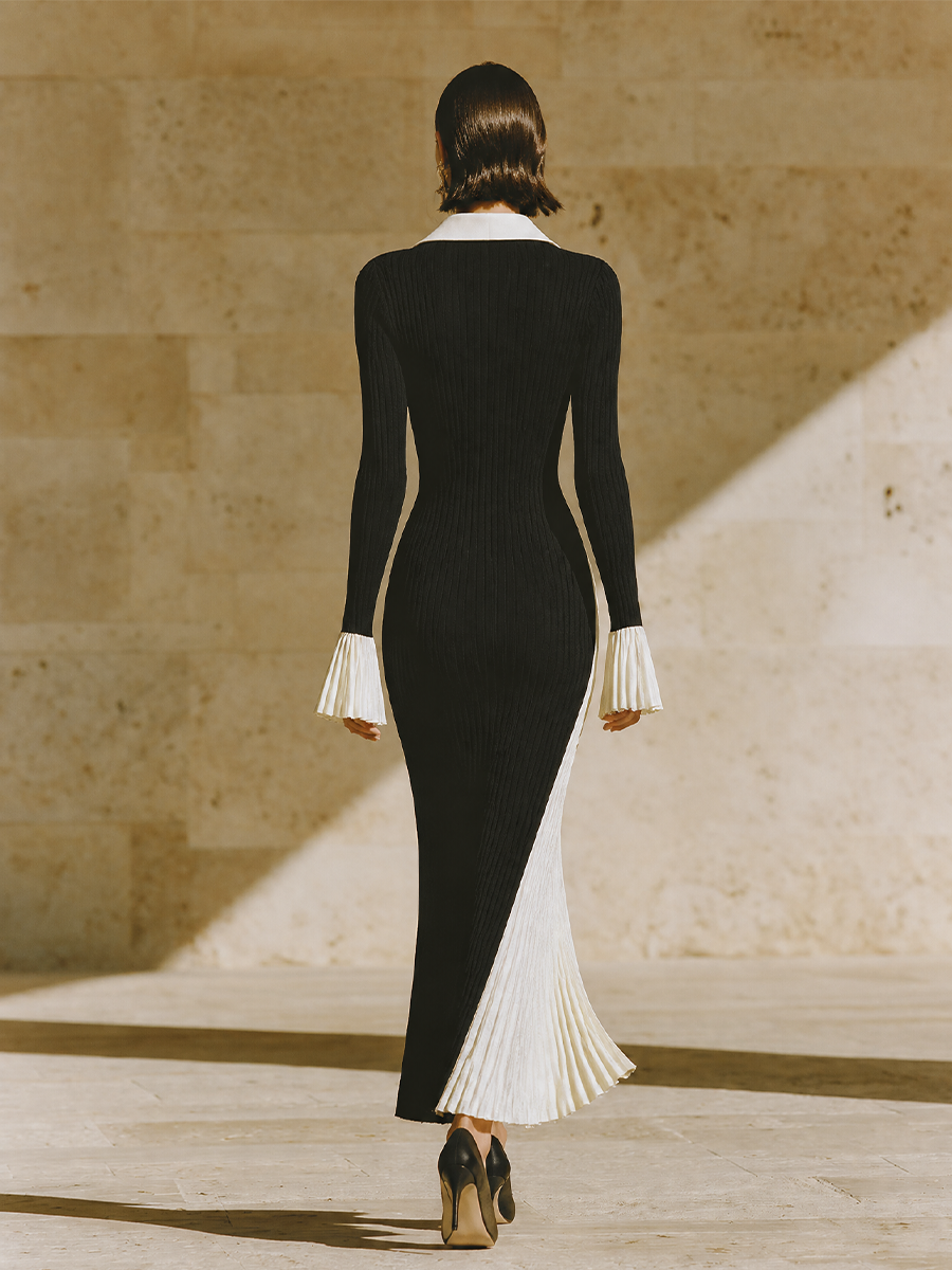 Women's Colorblock Bodycon Elegant Contrast Collar Flare Sleeve Knit Maxi Dress