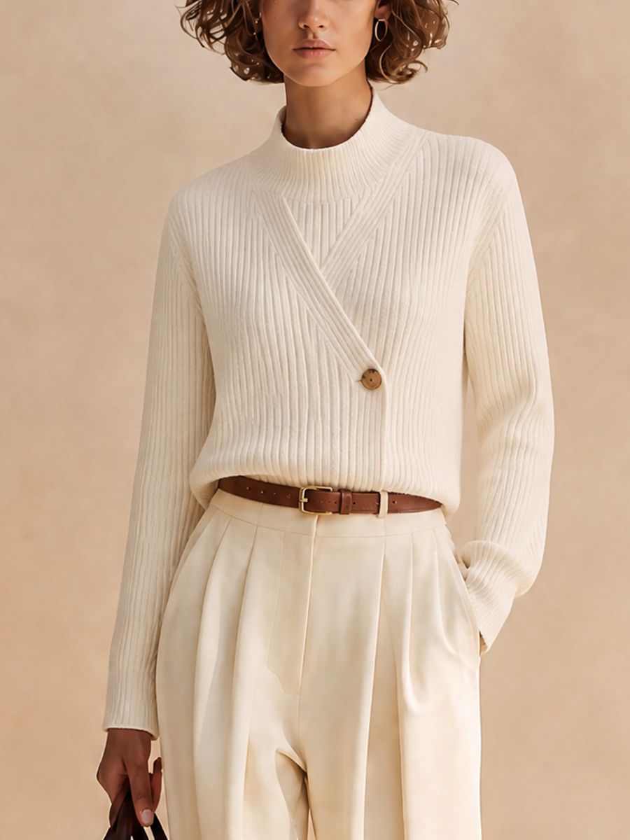 Women's Elegant Ribbed-Knit Mock-Neck Button-Detail Long-Sleeve Sweater