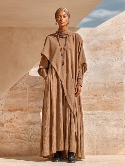 Women's Layered Draped Linen Boho Cowl Neck Loose Maxi Dress