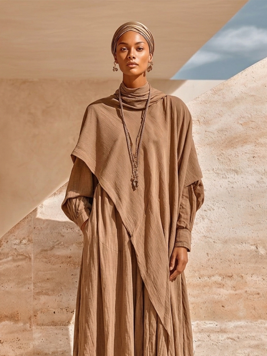 Women's Layered Draped Linen Boho Cowl Neck Loose Maxi Dress