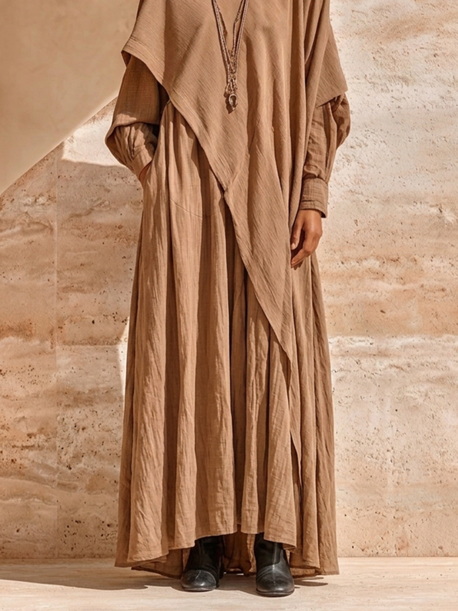 Women's Layered Draped Linen Boho Cowl Neck Loose Maxi Dress