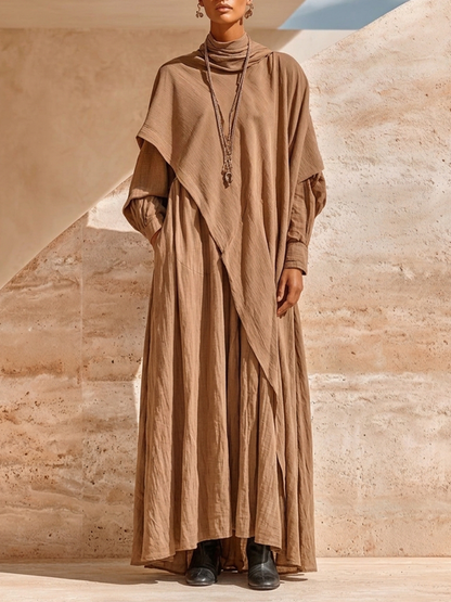 Women's Layered Draped Linen Boho Cowl Neck Loose Maxi Dress