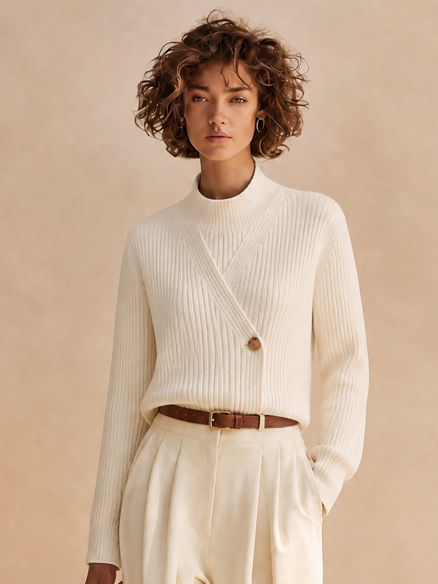 Women's Elegant Ribbed-Knit Mock-Neck Button-Detail Long-Sleeve Sweater & High-Waisted Pleated Wide-Leg Trouser Set