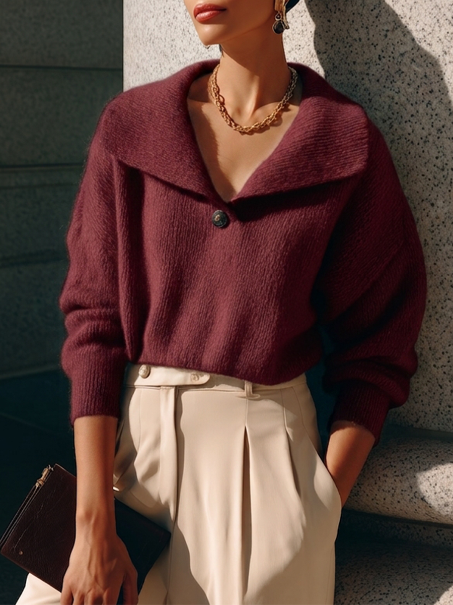Women's Lapel Single Button Elegant Commuter V Neck Knit Sweater