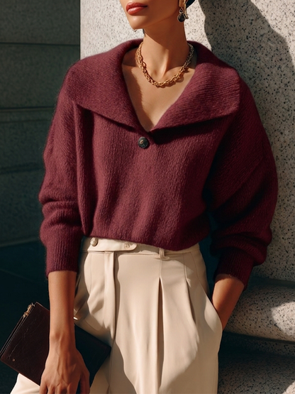 Women's Lapel Single Button Elegant Commuter V Neck Knit Sweater