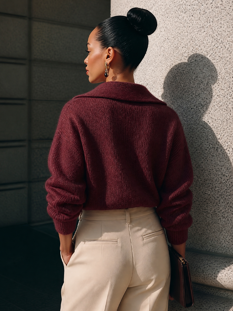 Women's Lapel Single Button Elegant Commuter V Neck Knit Sweater