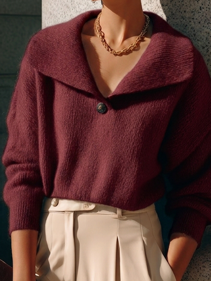 Women's Lapel Single Button Elegant Commuter V Neck Knit Sweater