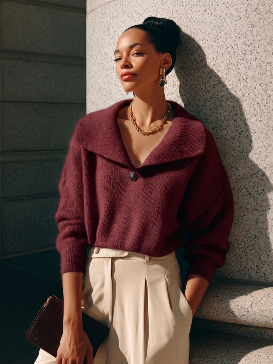 Women's Lapel Single Button Elegant Commuter V Neck Knit Sweater