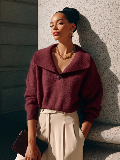 Women's Lapel Single Button Elegant Commuter V Neck Knit Sweater