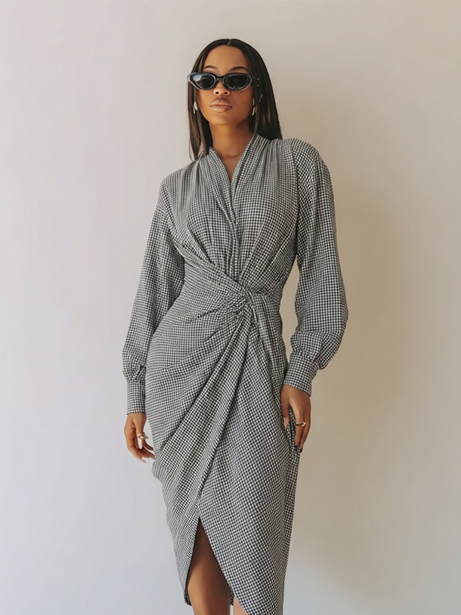 Women's Waist Twist Plaid Elegant Commuter V Neck Long Sleeve Midi Dress