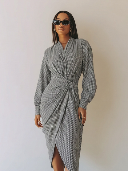 Women's Waist Twist Plaid Elegant Commuter V Neck Long Sleeve Midi Dress