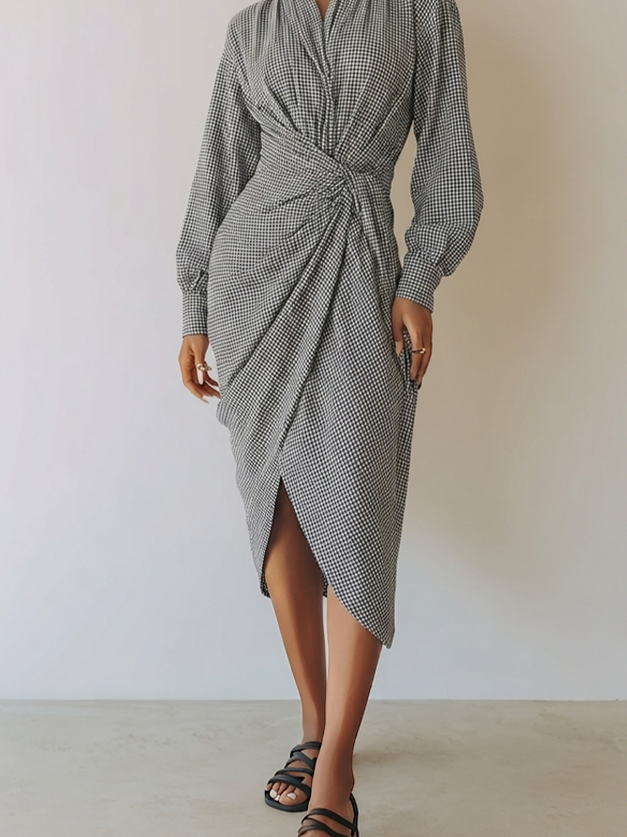 Women's Waist Twist Plaid Elegant Commuter V Neck Long Sleeve Midi Dress
