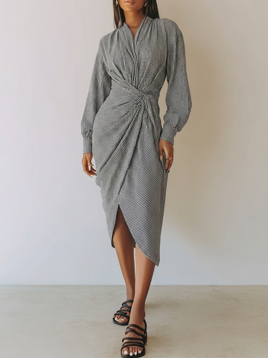 Women's Waist Twist Plaid Elegant Commuter V Neck Long Sleeve Midi Dress