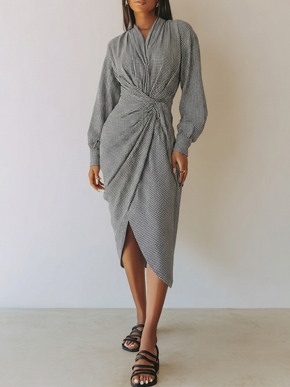 Women's Waist Twist Plaid Elegant Commuter V Neck Long Sleeve Midi Dress
