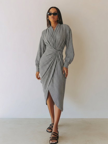 Women's Waist Twist Plaid Elegant Commuter V Neck Long Sleeve Midi Dress