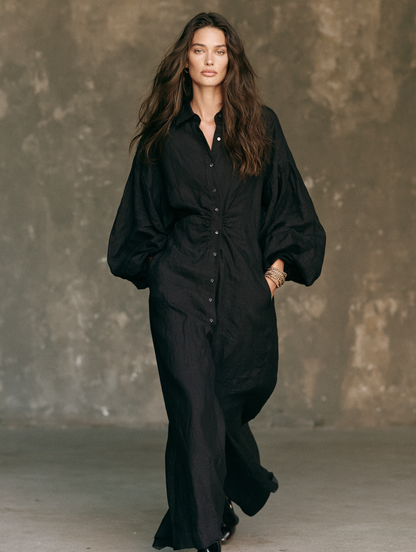Women's Casual Black Long-sleeved Woven Maxi Dress