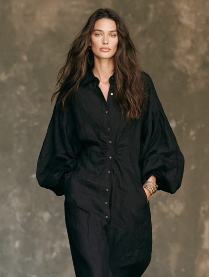 Women's Casual Black Long-sleeved Woven Maxi Dress