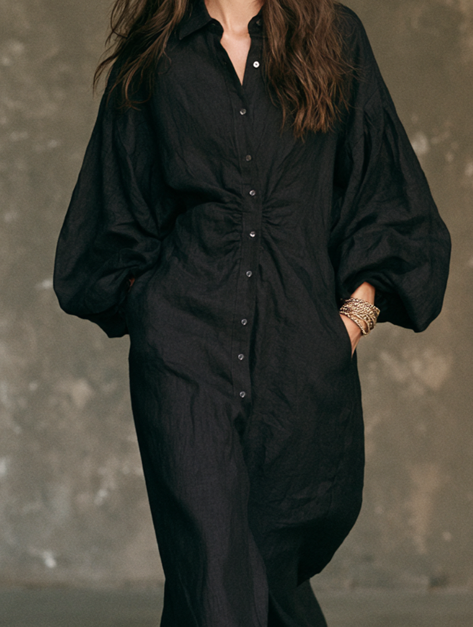 Women's Casual Black Long-sleeved Woven Maxi Dress