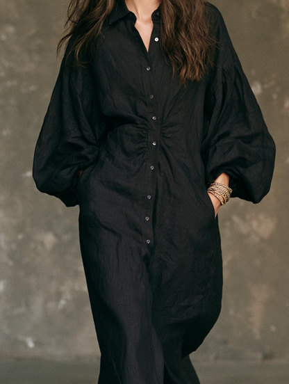 Women's Casual Black Long-sleeved Woven Maxi Dress