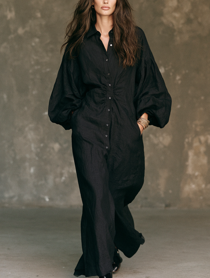 Women's Casual Black Long-sleeved Woven Maxi Dress