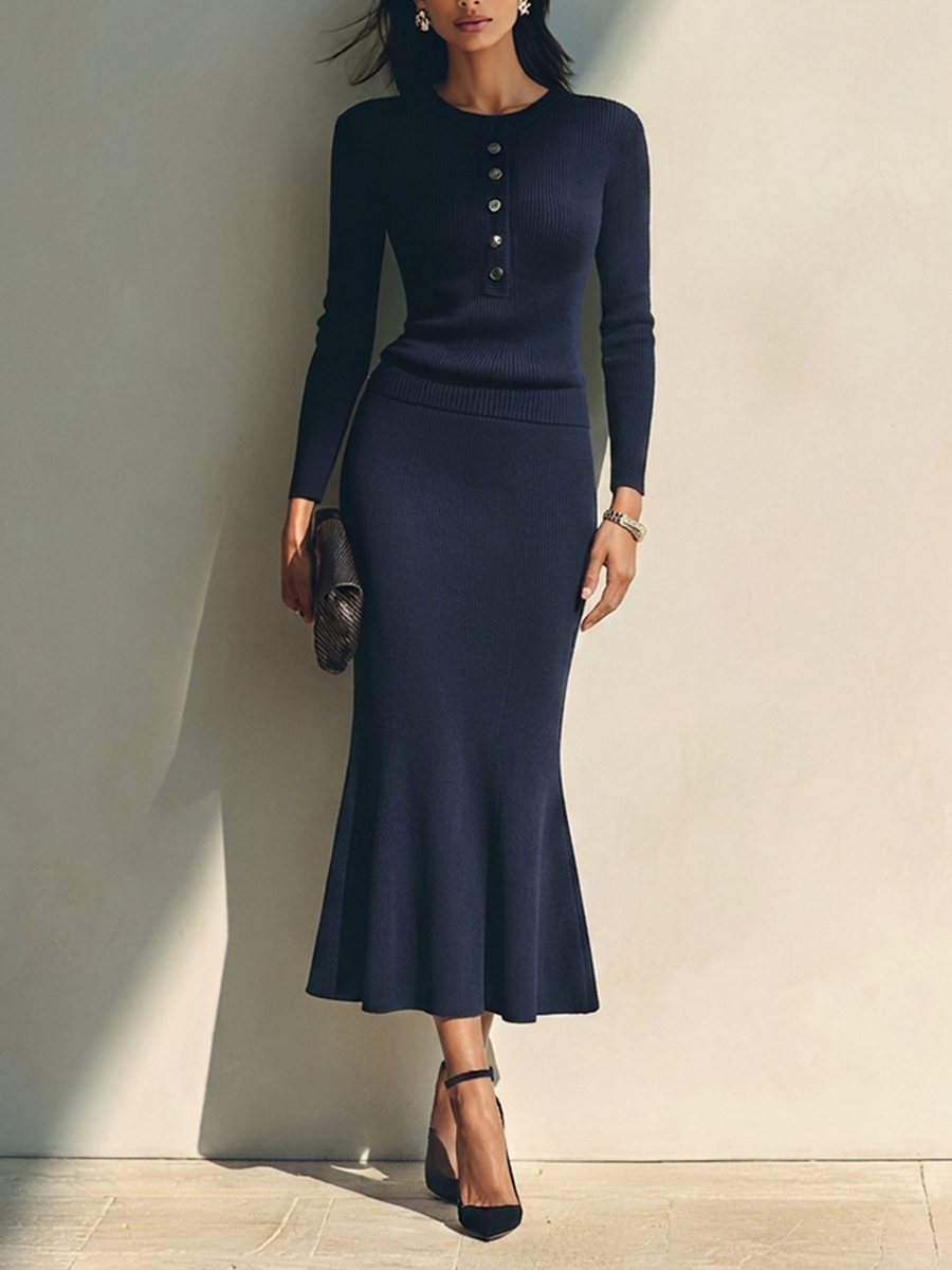 Women's Ribbed Knit Set Whith Half-Button Top & Mermaid Skirt