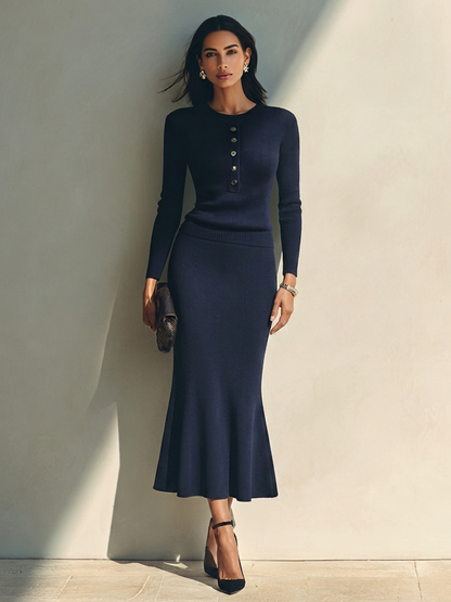 Women's Ribbed Knit Set Whith Half-Button Top & Mermaid Skirt