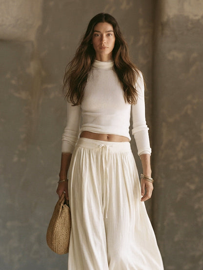 Women's Casual Beige 2-Piece Set Long-sleeved Knit Top And Cotton-linen Trousers