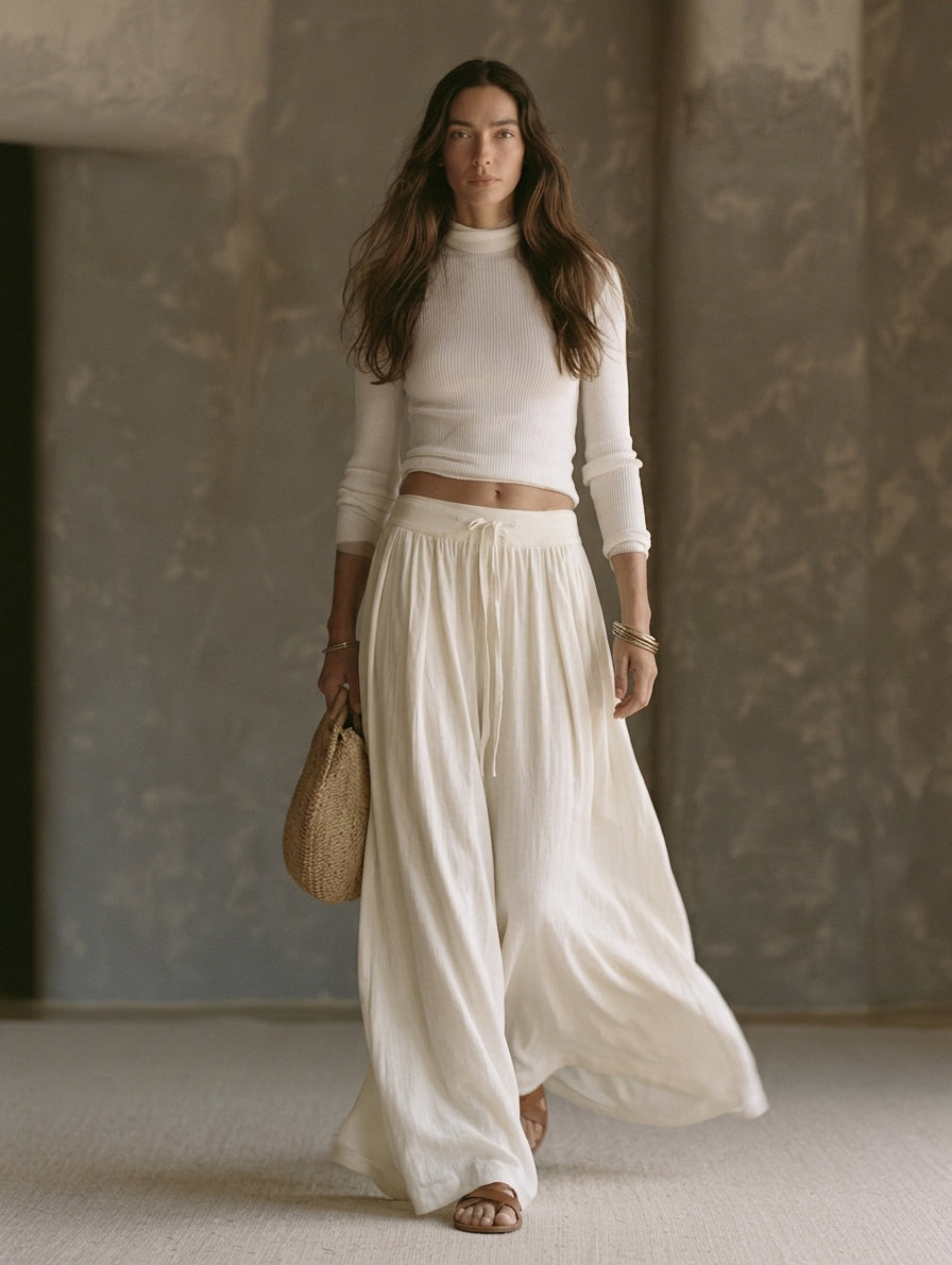 Women's Casual Beige 2-Piece Set Long-sleeved Knit Top And Cotton-linen Trousers