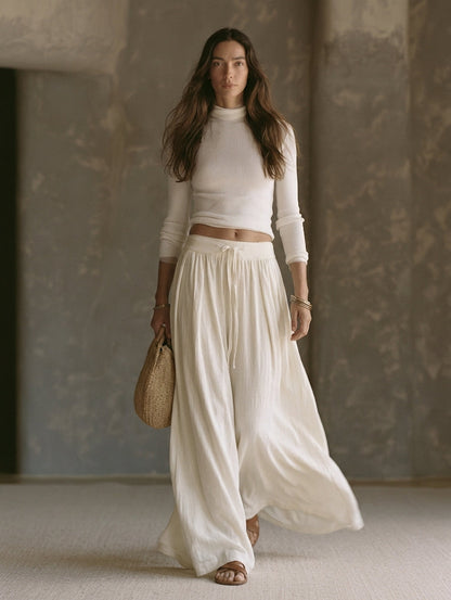 Women's Casual Beige 2-Piece Set Long-sleeved Knit Top And Cotton-linen Trousers
